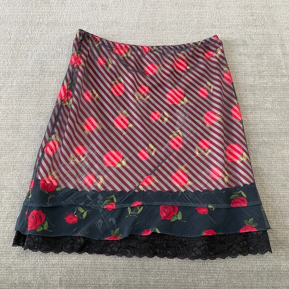 VTG Y2K Skirt Women M Red Striped Floral Knee Length Femme Fairy Office Siren - Picture 8 of 9